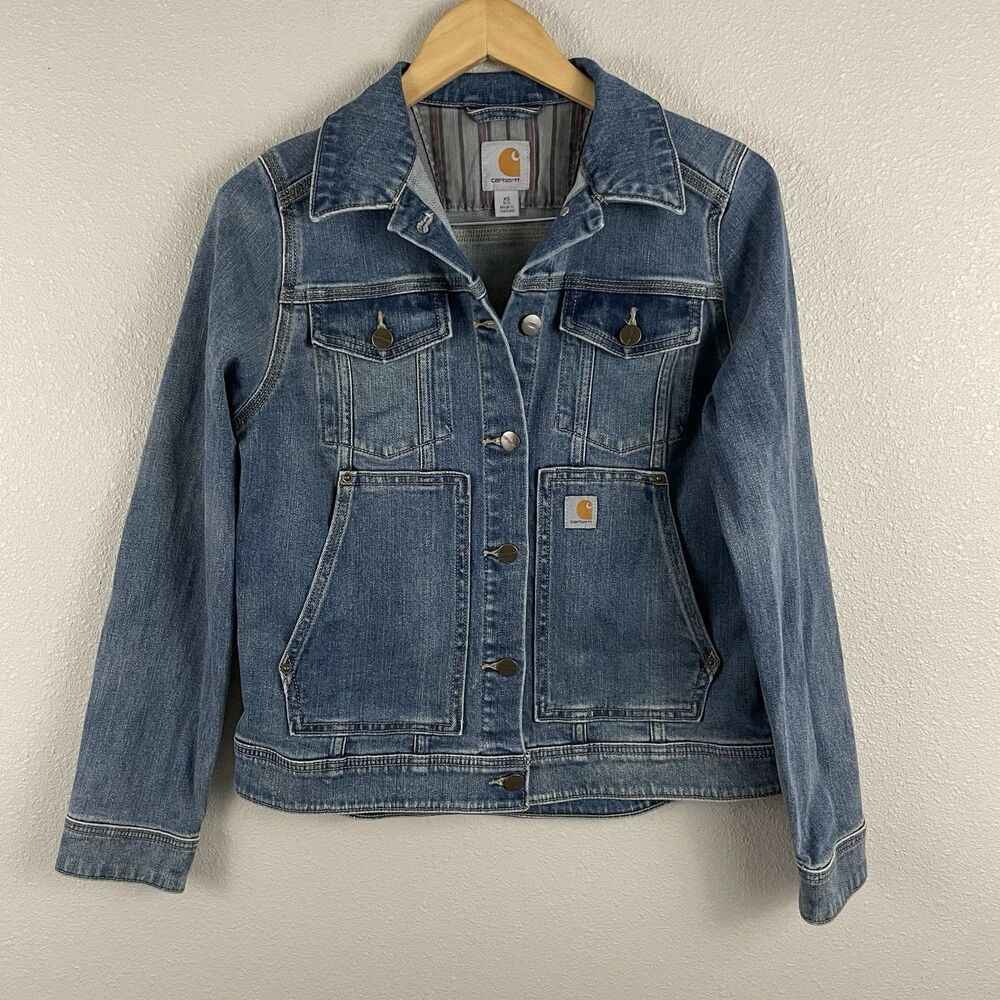 Carhartt Womens XS Benson Denim Jacket Adjustable Waist Trucker Work Wear